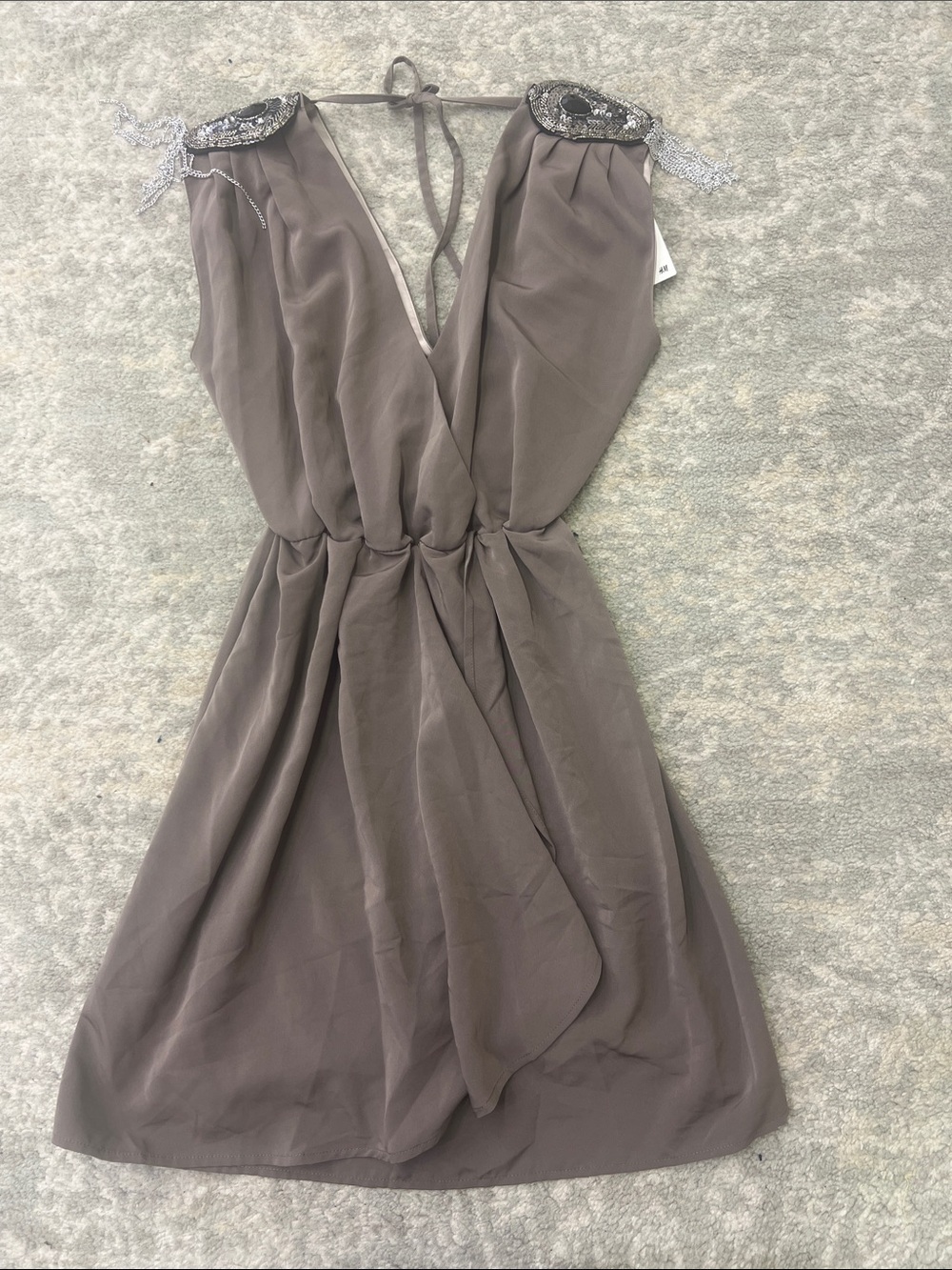 Taupe Sleeveless V-Neck Beaded Shoulder Dress